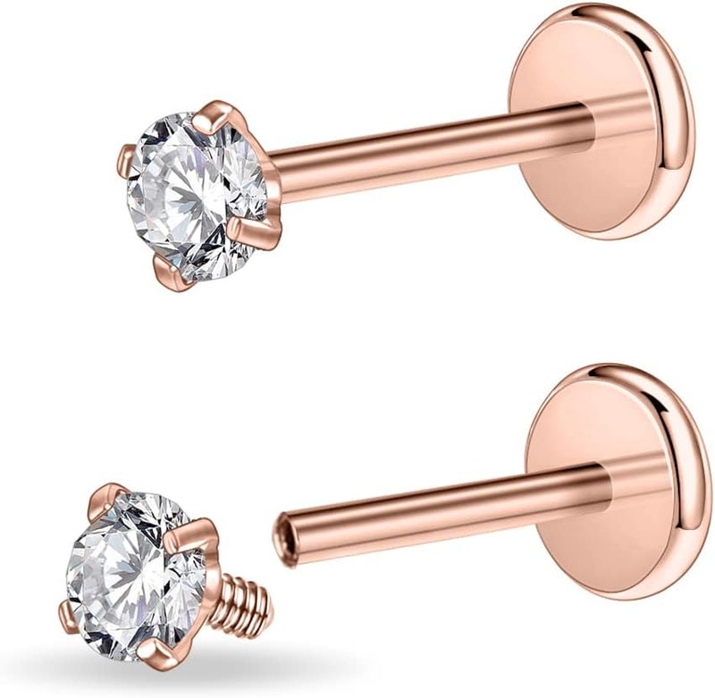 PunkTracker 16g/18g Surgical Steel Internal Thread CZ Stud Piercing Jewelry for Tragus/Nose/Helix/Conch/Medusa/Lip/Labret - Helix Tragus Cartilage Earring for Women Men 2PCS - Image 1